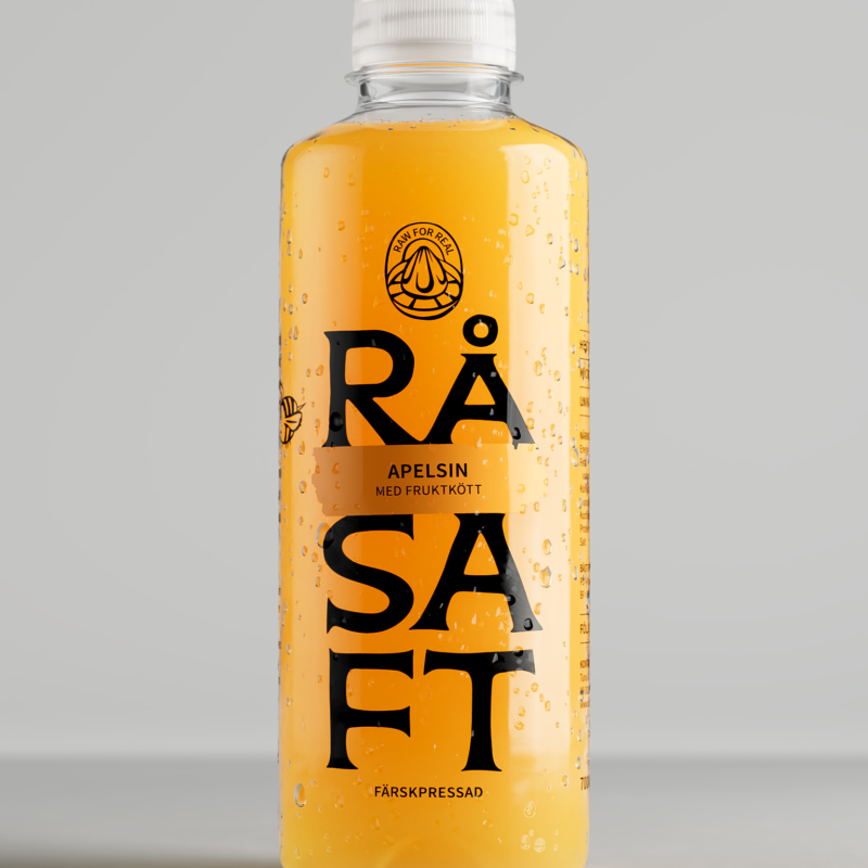 Photoreal 3D render of a Råsaft juice bottle with droplets