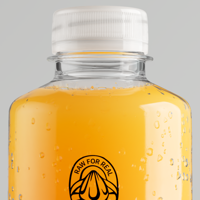 Close-up 3D render of a Råsaft bottle label and glass