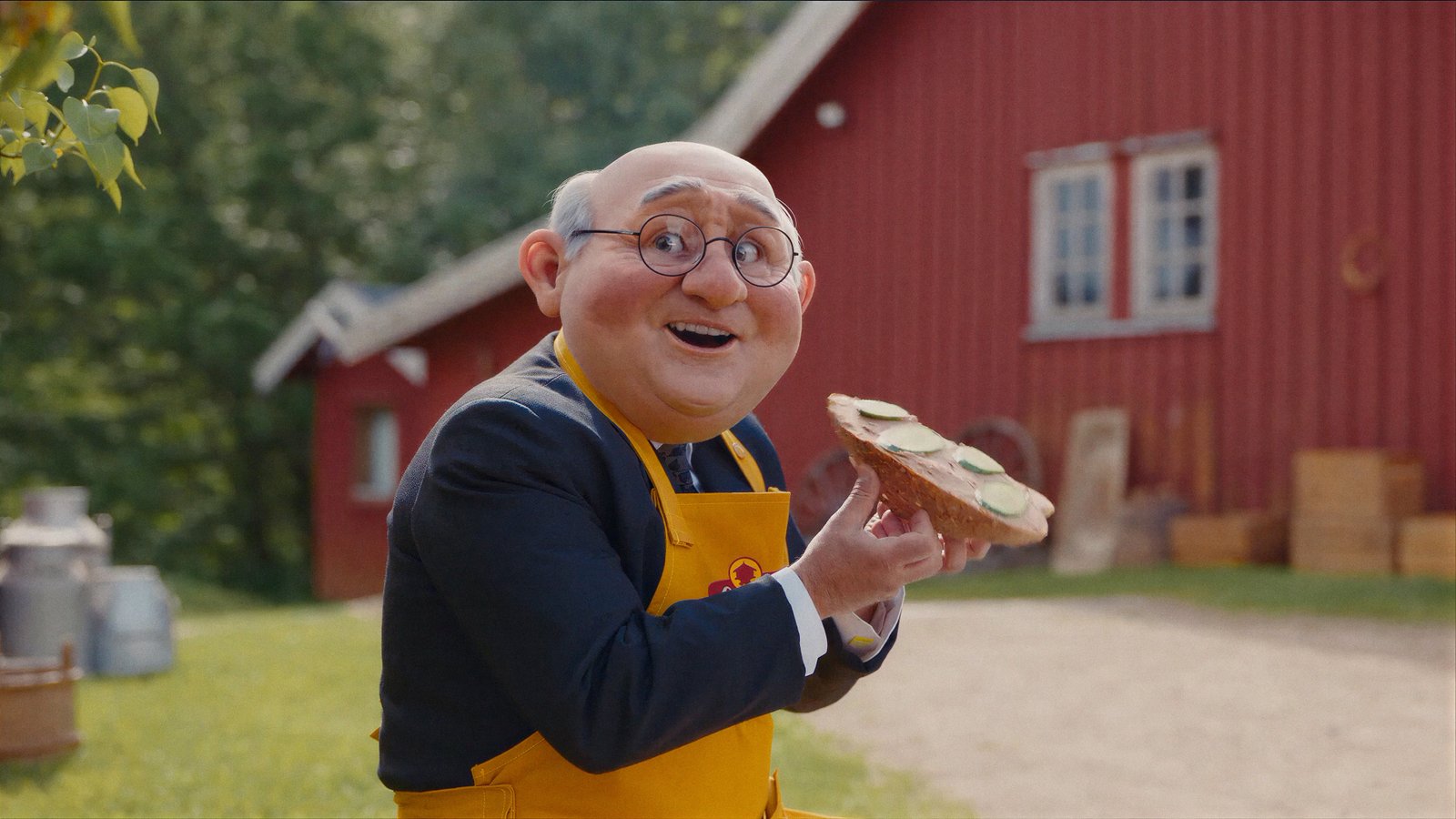 Stabbur-Nilsen, the CG Stabburet character in glasses and a yellow apron, holding a slice of bread outside a red barn – Houdini groom by Mehmet Özdemir