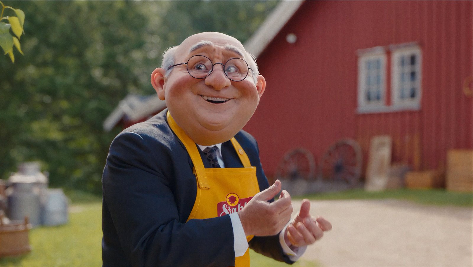 Close-up of the CG character Stabbur-Nilsen smiling, showing the grey hair and eyebrows groomed in Houdini by Mehmet Özdemir for Stabburet