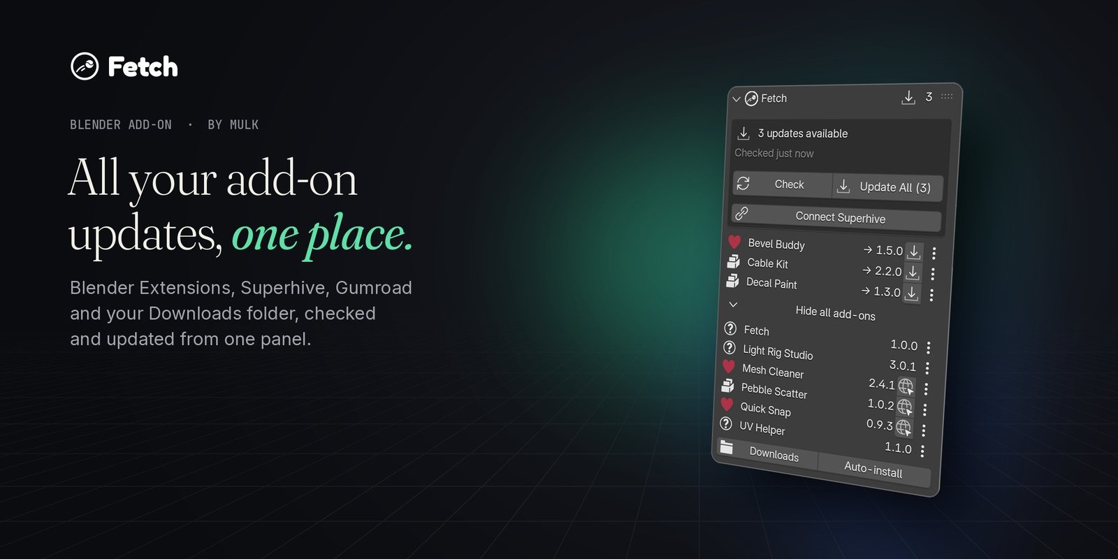The Fetch panel in Blender with three add-on updates waiting