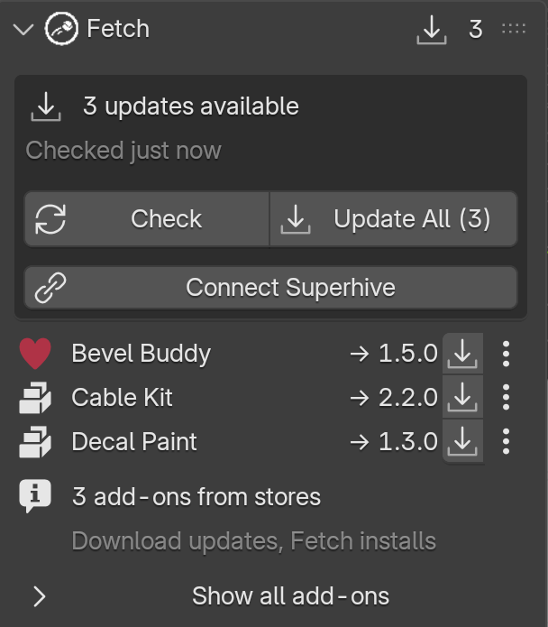 Fetch showing three updates available