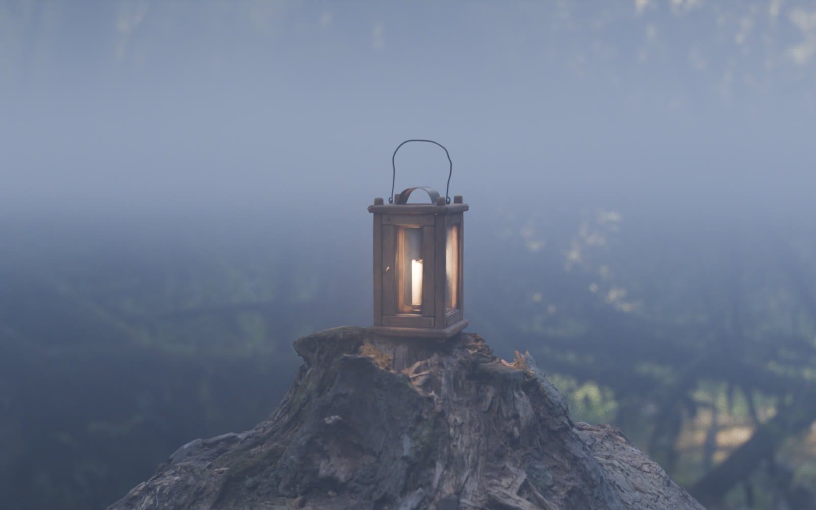 Ground fog in a forest around a lantern