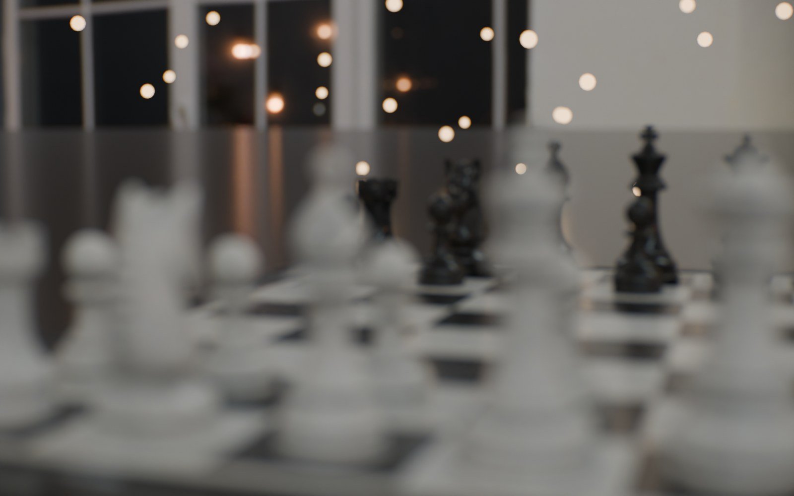 Chess set focused far, near pieces blurred, without split diopter