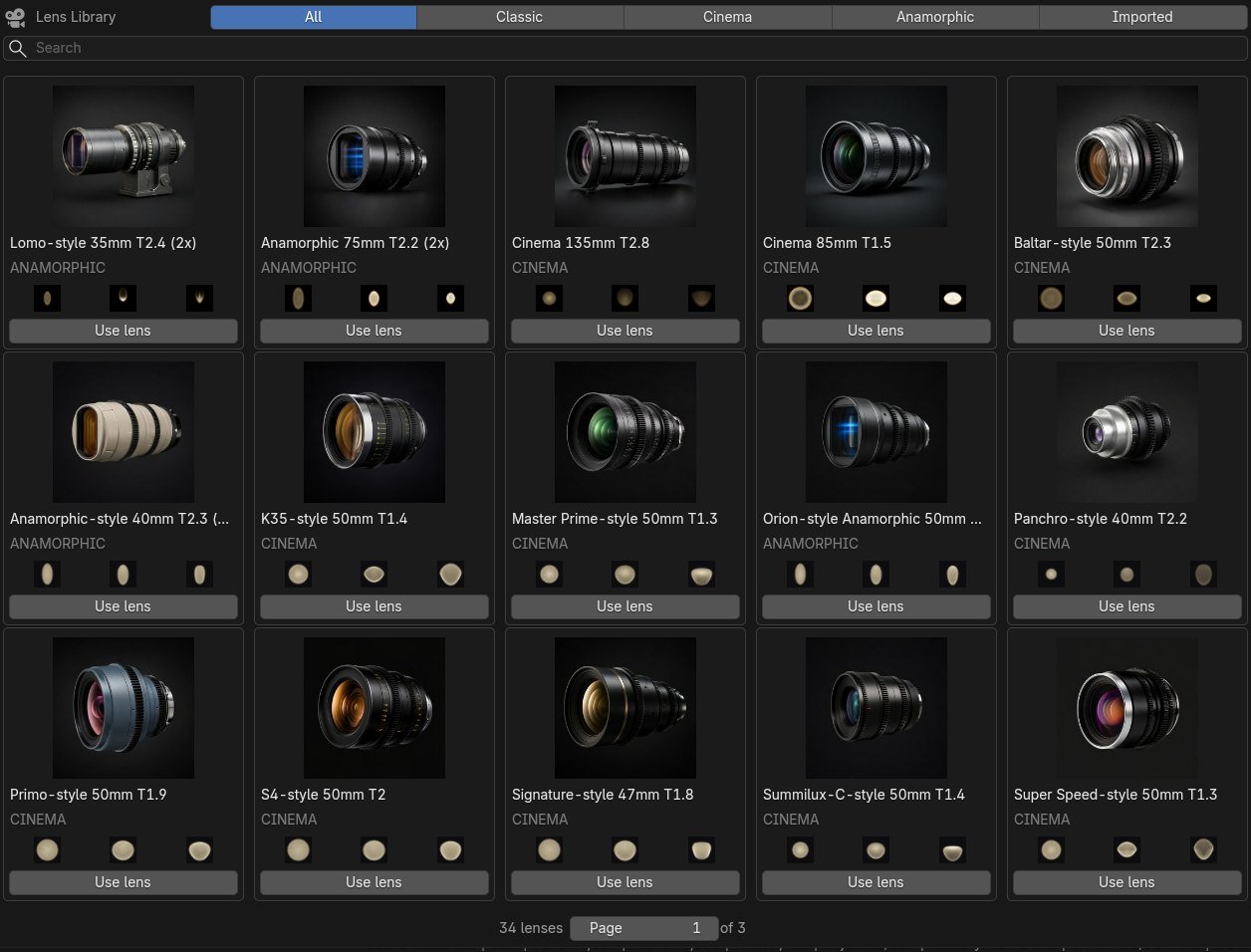 Oris Lens Library in Blender with lens artwork and bokeh previews