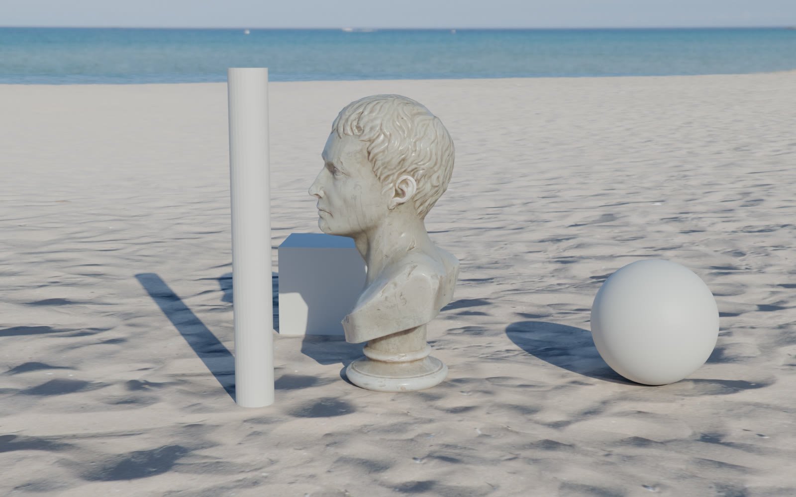 Objects on a projected beach HDRI with sun shadows