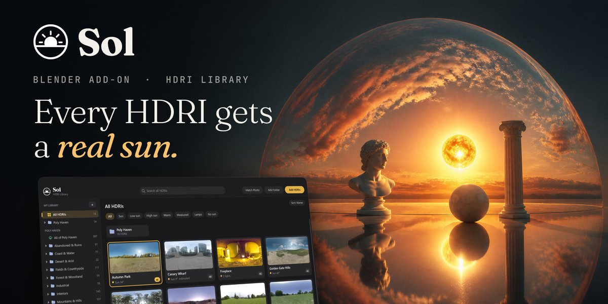 Sol – HDRI library for Blender, glowing HDRI dome with a real sun and the Sol HDRI browser