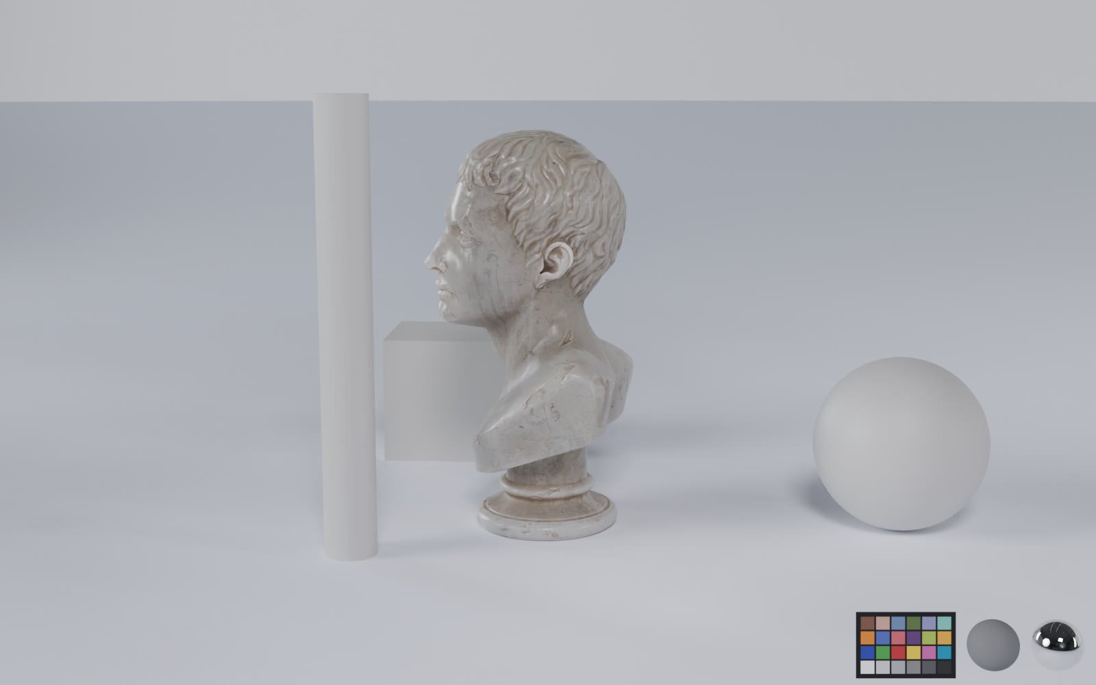 Lookdev scene with grey ball, chrome ball and colour chart