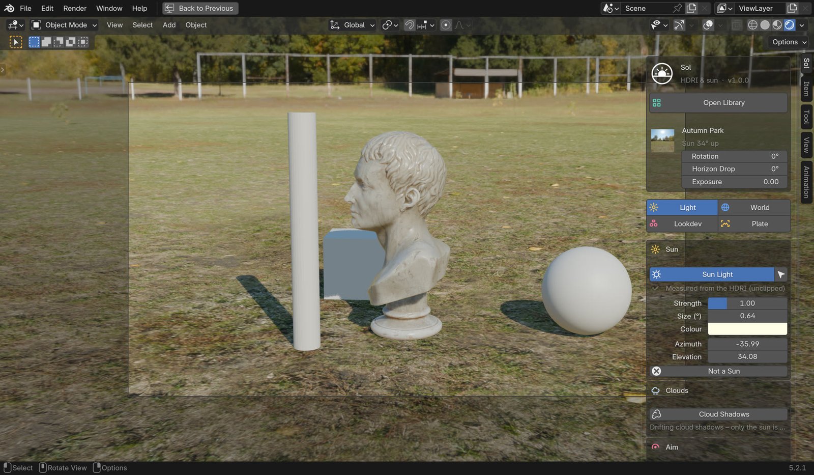 Sol panel in the Blender 3D view with a sun found in a park HDRI