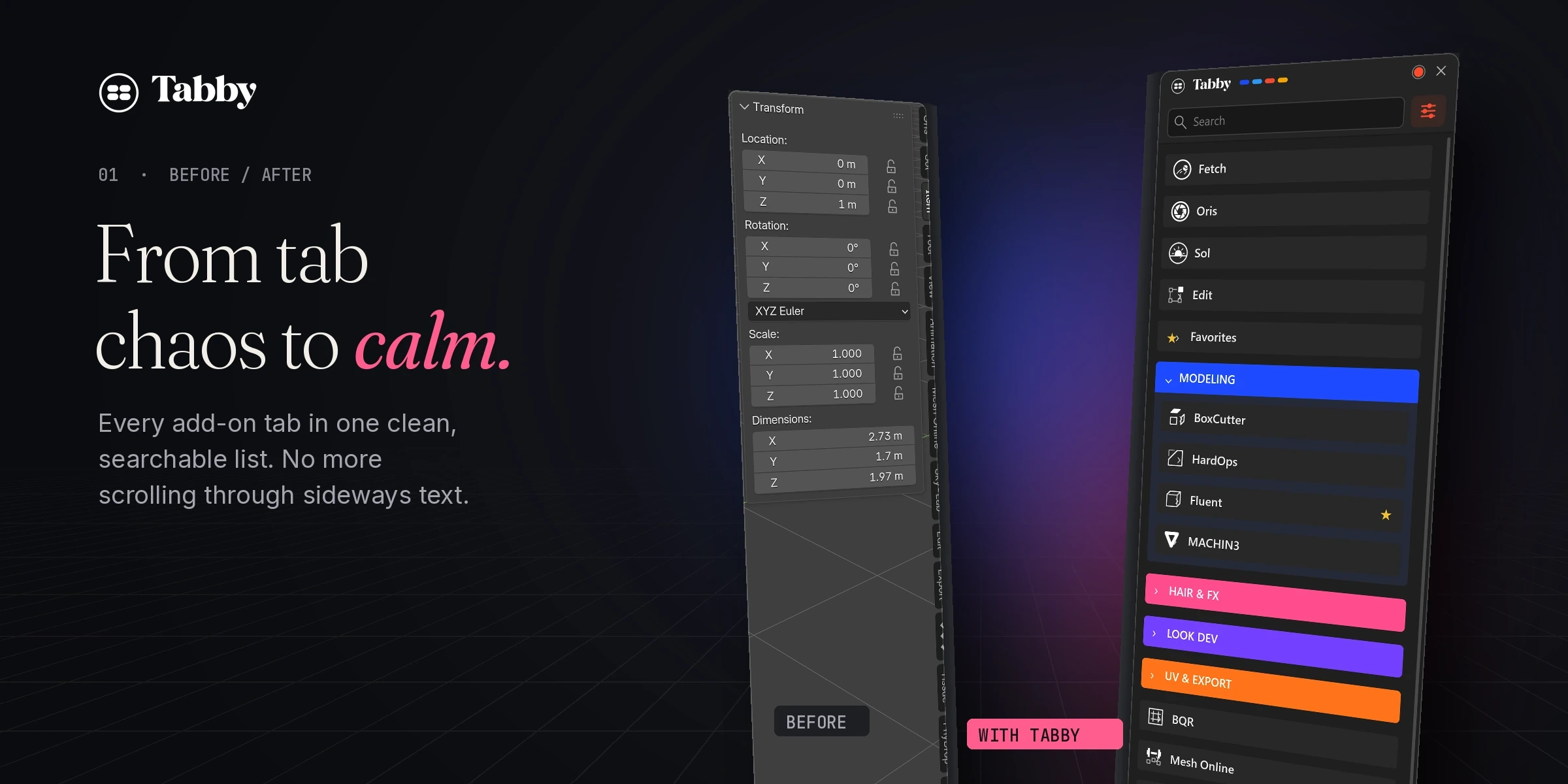 Blender sidebar next to Tabby, from tab chaos to calm