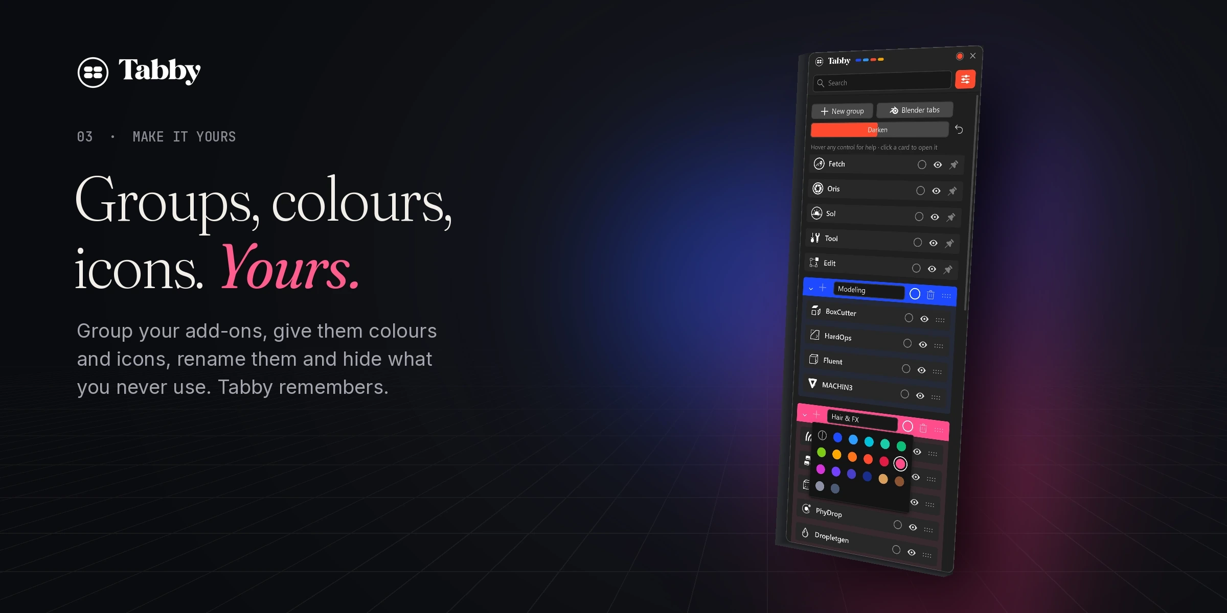 Tabby customise mode with groups and the colour palette