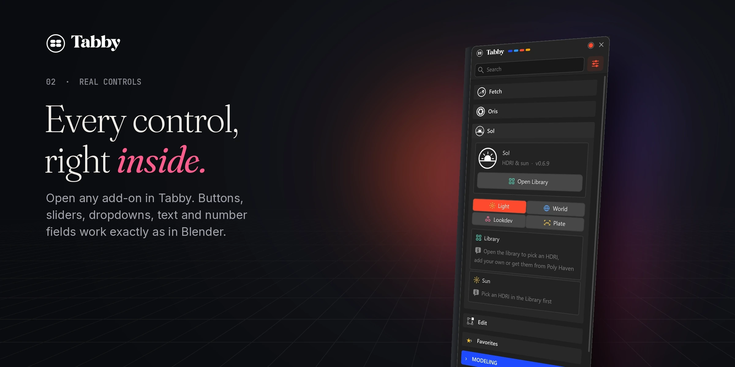 Tabby with an add-on open inline, showing its real controls